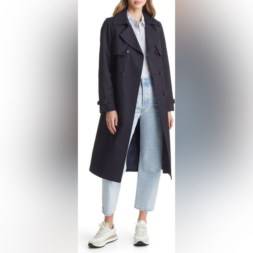 NWOT Sam Edelman Water Repellent Double Face Cotton Blend Trench Coat Navy